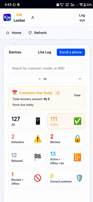 KW Locker devices dashboard on the phone