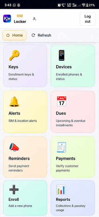KW Locker management portal on the phone